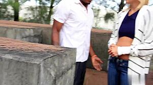 Cheating blonde soccer mom sucks black dick outside!