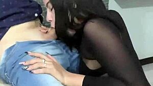 Dominating Friend in Pantyhose and Heels Boots by Stepping on Cock for Creampie