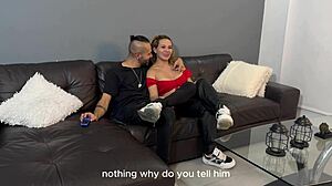 Horny neighbor convinces best friend's son to fuck on sofa after movie, cumming in mouth - Karen Sleent