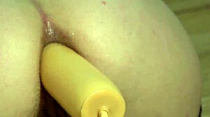 milf stretches her hairy asshole with huge dildo for gaping orgasm