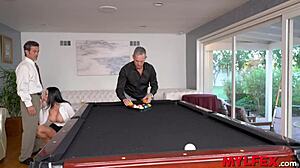 Bombastic secretary plays billiard with her bosses