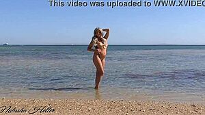 young german mom wears extreme bikini on beach