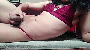 femboy masturbates and cums in lingerie