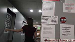 Teen sucking monster black cock through gloryhole, getting facial cumshot