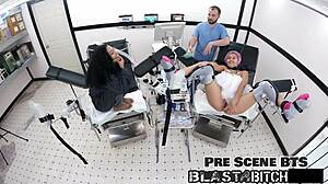 wow, step sisters get their shaved pussies blasted with cum backstage in latex gloves