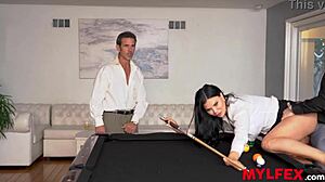 Bombastic secretary plays billiard with her bosses