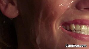 Flirty bombshell swallows cum load after facial bukkake