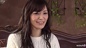 The cute Japanese teen getting a real squirt orgasm during uncensored casting with vibrator clit play.