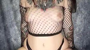 Goth girlfriend rides dildo vibrator to intense orgasm