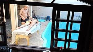 She sought a poolside massage but received a teasing handjob and blowjob instead.