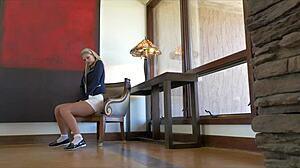 Blonde Scarlet Red Masturbates Shaved Pussy!