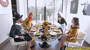 girls kneel for oral service in group fun