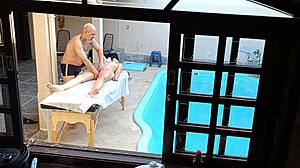 She sought a poolside massage but received a teasing handjob and blowjob instead.