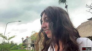 Girl with cum on face eats pizza in cafe