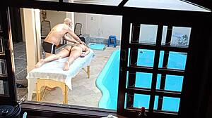 She sought a poolside massage but received a teasing handjob and blowjob instead.