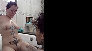 Blonde and brunette pornstars tease with blowjobs in bathtub, cum in mouth