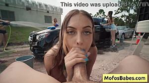 Busty Blonde Naughty Teen Sucks Huge Cock At Car Wash Fundraiser!