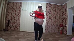The milf in the early stages of pregnancy shows a striptease and then fucks with a lesbian juicy ass in panties pov