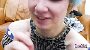 petite blue haired raven fingers her twat and sucks juicy big cock