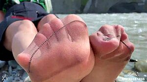 Goddess Teases Tan Nylons Revealing Cute Soles Toes Riverside