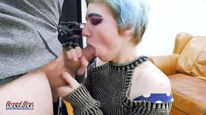 petite blue haired raven fingers her twat and sucks juicy big cock
