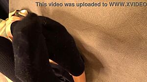 Foot Fetish Video: Footjob and Foot Licking Train M Man, Cum on Navy Socks.