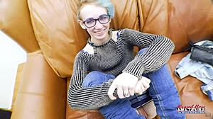 petite blue haired raven fingers her twat and sucks juicy big cock