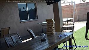 shey holmes and two other college girls naked cornhole, lesbian group fun