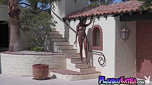Ebony teen 18+ Amber Rose strips off tiny bikini outdoors, cooling down