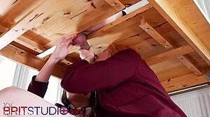 Two COLLEGE STUDENTS MILK a GUYS COCK and GET their UNIFORMS COVERED in CUM