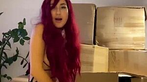 me - red haired teen dances striptease and prepares sex machine with dildo in mouth