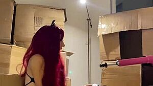 me - red haired teen dances striptease and prepares sex machine with dildo in mouth