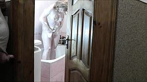 Naked Sexy Blonde in Bathroom Watched by Pervert Roommate Masturbating