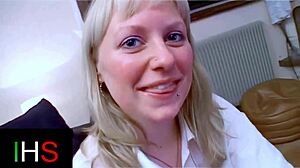 Blonde milf with light eyes gets ass fucked cumshot on belly