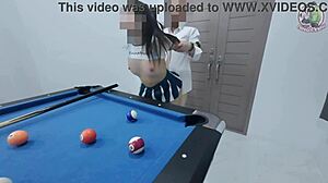 The thai girl climbed the pool table and got fucked hard