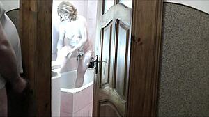 Naked Sexy Blonde in Bathroom Watched by Pervert Roommate Masturbating