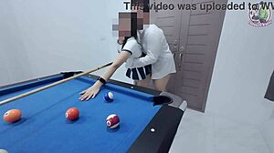 The thai girl climbed the pool table and got fucked hard