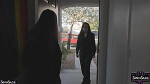 Sinn Sage, the brunette, drills Ariex XS's perfect pussy with her dildo.