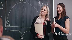 Dyke teachers blow desperate male colleague! Katrina Colt, Kenzie Taylor, Nathan Bronson.