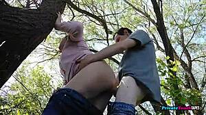 Mature Couple Enjoys Outdoor Sex, Young Man with Mature Woman in Passionate Quickie