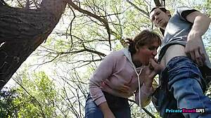 Mature Couple Enjoys Outdoor Sex, Young Man with Mature Woman in Passionate Quickie