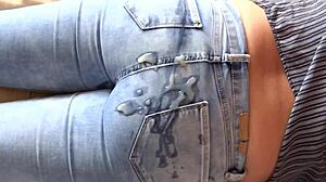 Great cumshot on stepmoms wonderful ass with her jeans on two cameras recording it!