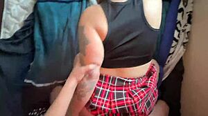 Horny amateur student in miniskirt cums twice after school