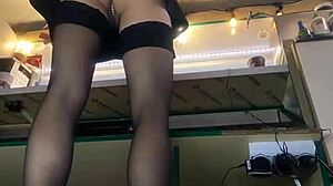 Sexy milf with long legs and big pussy lips serves guests in mini skirt despite winter cold - sexy upskirt at work