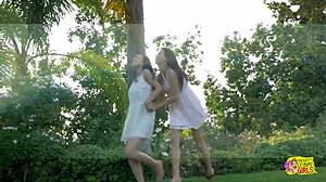 Two Lesbians Run Through Outdoor Field Then Have Passionate Sex