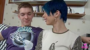 aster v shows her cowgirl skills. milo p facializes the blue haired cutie