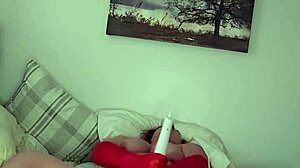 Naked solo masturbation with red gloves and toys!