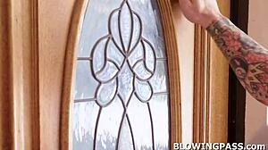 Busty MILF tempts hunk stranger with sloppy blowjob