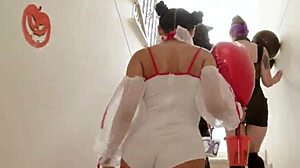 Halloween party with mina k, maily presly, and camila smith getting assfucked in hot 3 on 3 anal piss drinking action.