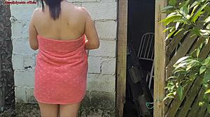 Shower breaks so married woman asks farm caretaker for help in just a towel and offers compensation.